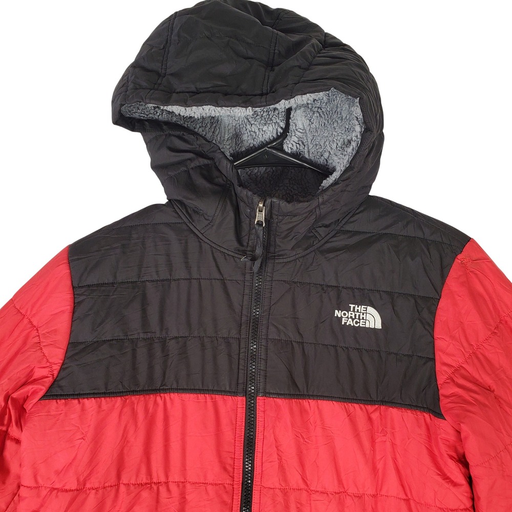 The North Face Puffer Jacket Red Black Fleece Lined Hooded Youth Large